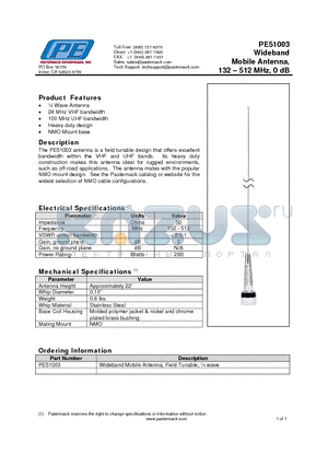 PE51003 datasheet - Wideband Mobile Antenna, 132 . 512 MHz, 0 dB