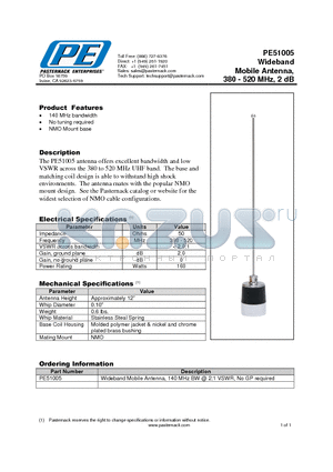 PE51005 datasheet - Wideband Mobile Antenna, 380 - 520 MHz, 2 dB