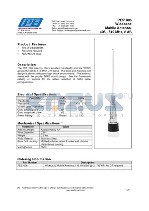 PE51006 datasheet - Wideband Mobile Antenna, 406 - 512 MHz, 2 dB