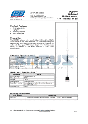 PE51007 datasheet - Wideband Mobile Antenna, 440 - 480 MHz, 4.5 dB