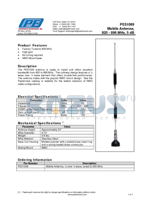 PE51009 datasheet - Mobile Antenna, 825 - 896 MHz, 5 dB