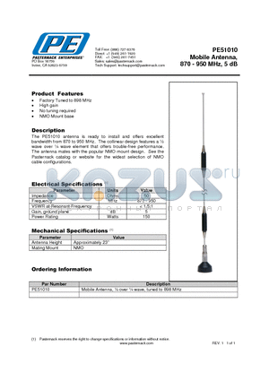 PE51010 datasheet - Mobile Antenna, 870 - 950 MHz, 5 dB