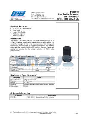 PE51013 datasheet - Low Profile Antenna, 806 - 896 MHz / 1710 . 1990 MHz, 3 dB