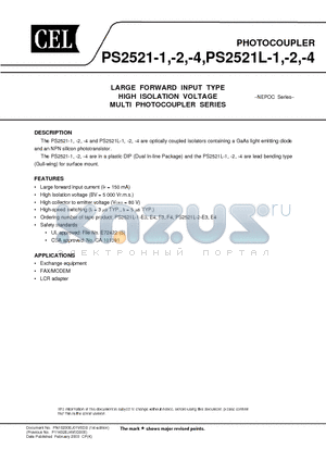 PS2521L-1 datasheet - LARGE FORWARD INPUT TYPE HIGH ISOLATION VOLTAGE MULTI PHOTOCOUPLER SERIES