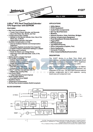 X1227 datasheet - 2-Wire RTC Real TimeClock/Calendar/ CPU Supervisor with EEPROM