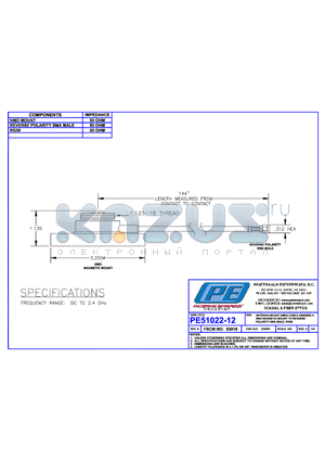 PE51022-12 datasheet - ANTENNA MOUNT (NMO) CABLE ASSEMBLY, NMO MAGNETIC MOUNT TO REVERSE POLARITY SMA MALE, RG58