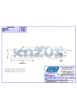 PE51022-5 datasheet - ANTENNA MOUNT (NMO) CABLE ASSEMBLY, NMO MAGNETIC MOUNT TO FME FEMALE, RG58