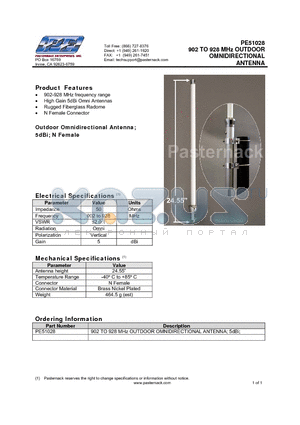 PE51028 datasheet - 902 TO 928 MHz OUTDOOR OMNIDIRECTIONAL ANTENNA