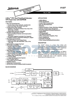 X1227S8IZ datasheet - 2-Wire RTC Real TimeClock/Calendar/ CPU Supervisor with EEPROM
