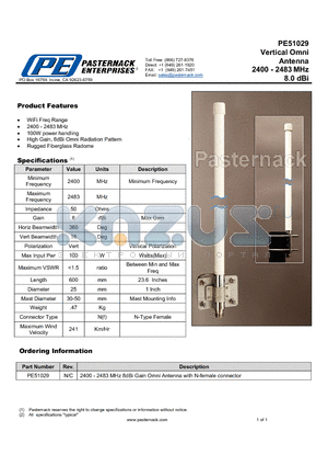 PE51029 datasheet - Vertical Omni Antenna 2400 - 2483 MHz 8.0 dBi