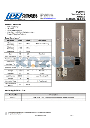 PE51031 datasheet - Vertical Omni Antenna 2400 MHz, 12.0 dBi