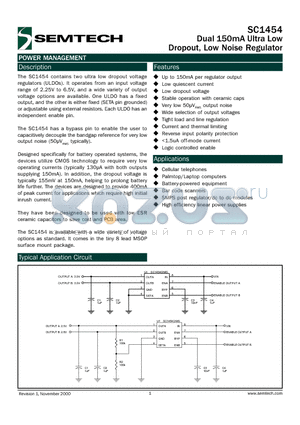 SC1454 datasheet - Dual 150mA Ultra Low Dropout, Low Noise Regulator