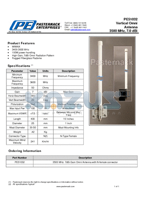 PE51032 datasheet - Vertical Omni Antenna 3500 MHz, 7.0 dBi
