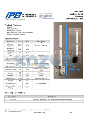 PE51033 datasheet - Vertical Omni Antenna 3500 MHz, 9.0 dBi