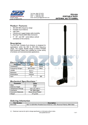 PE51026 datasheet - PORTABLE DUCK ANTENNA, 902 TO 928MHz