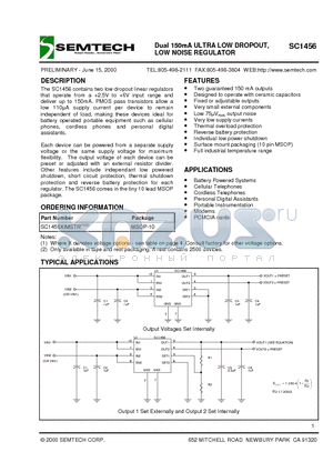 SC1456XIMSTR datasheet - Dual 150mA ULTRA LOW DROPOUT, LOW NOISE REGULATOR