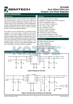 SC1456XIMSTR datasheet - Dual 150mA Ultra Low Dropout, Low Noise Regulator