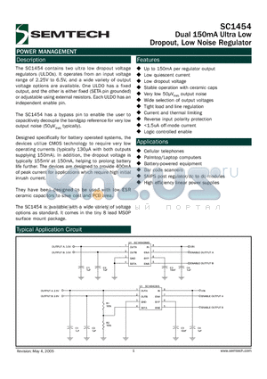 SC1454_05 datasheet - Dual 150mA Ultra Low Dropout, Low Noise Regulator