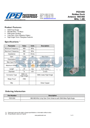 PE51056 datasheet - Rubber Duck Antenna 900-960 MHz, 1 dBi