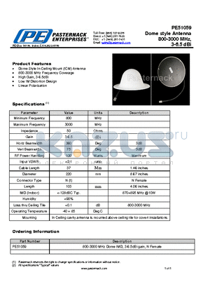 PE51059 datasheet - Dome style Antenna 800-3000 MHz, 3-6.5 dBi