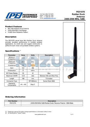 PE51078 datasheet - Rubber Duck Antenna 2400-2500 MHz, 5dBi