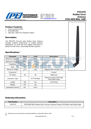 PE51070 datasheet - Rubber Duck Antenna 5725-5850 MHz, 5dBi