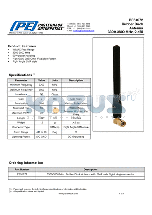 PE51072 datasheet - Rubber Duck Antenna 3300-3800 MHz, 2 dBi