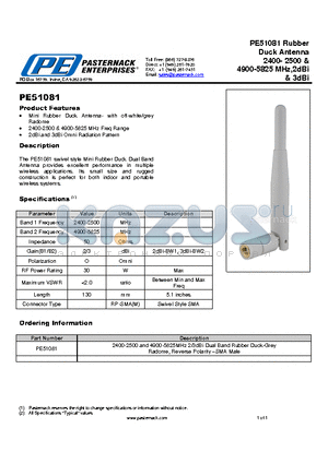 PE51081 datasheet - Rubber Duck Antenna 2400- 2500 & 4900-5825 MHz,2dBi & 3dBi