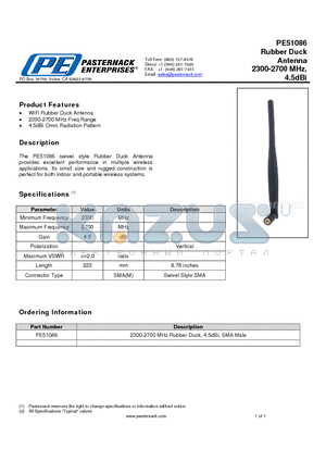 PE51086 datasheet - Rubber Duck Antenna 2300-2700 MHz, 4.5dBi