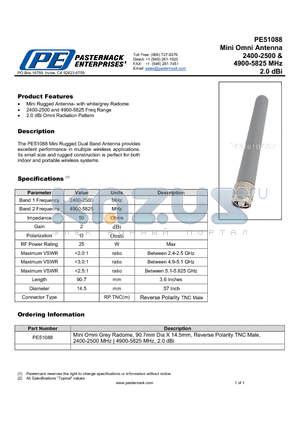 PE51088 datasheet - Mini Omni Antenna 2400-2500 & 4900-5825 MHz 2.0 dBi