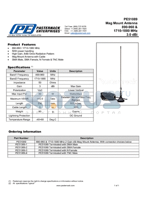 PE51089 datasheet - Mag Mount Antenna 890-960 & 1710-1880 MHz 3.0 dBi