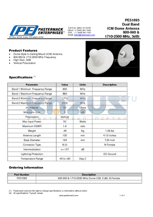 PE51093 datasheet - Dual Band ICM Dome Antenna 800-960 & 1710-2500 MHz, 3dBi