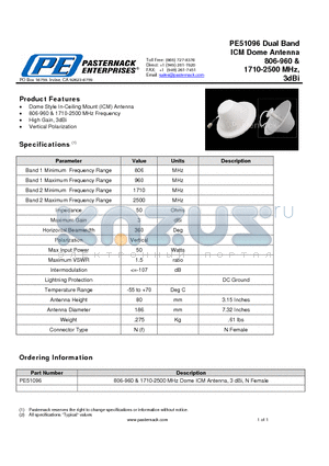 PE51096 datasheet - Dual Band ICM Dome Antenna 806-960 & 1710-2500 MHz, 3dBi