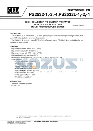 PS2532L-1-E3 datasheet - HIGH COLLECTOR TO EMITTER VOLTATGE HIGH ISOLATION VOLTAGE MULTI PHOTOCOUPLER SERIES