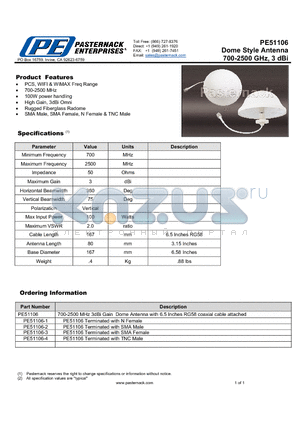 PE51106 datasheet - Dome Style Antenna 700-2500 GHz, 3 dBi