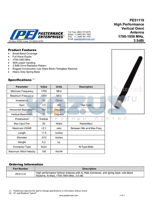 PE51119 datasheet - High Performance Vertical Omni Antenna 1700-1850 MHz, 3.5dBi