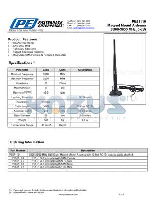 PE51110 datasheet - Magnet Mount Antenna 3300-3800 MHz, 5 dBi