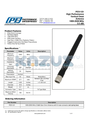 PE51121 datasheet - High Performance Vertical Omni Antenna 1900-2500 MHz 3.5 dBi