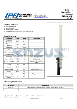 PE51116 datasheet - Vertical Omni Antenna 248-268 MHz 1.5 dBi