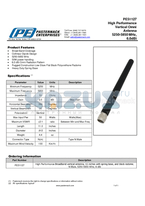 PE51127 datasheet - High Performance Vertical Omni Antenna 5250-5850 MHz, 6.0dBi