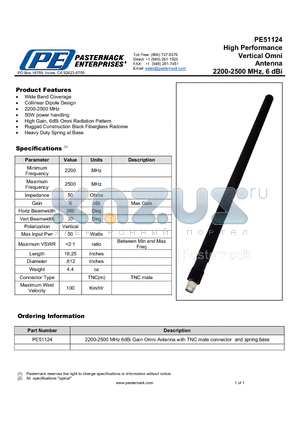 PE51124 datasheet - High Performance Vertical Omni Antenna 2200-2500 MHz, 6 dBi