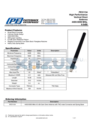 PE51134 datasheet - High Performance Vertical Omni Antenna 4400-5000 MHz, 6.0dBi