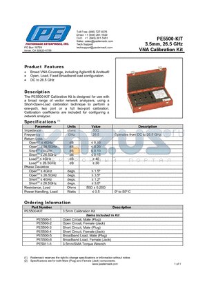 PE5500-KIT datasheet - 3.5mm, 26.5 GHz VNA Calibration Kit