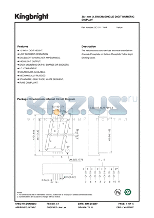 SC15-11YWA datasheet - 38.1mm (1.5INCH) SINGLE DIGIT NUMERIC DISPLAY