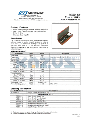 PE5501-KIT datasheet - Type N, 18 GHz VNA Calibration Kit