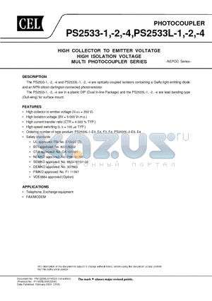 PS2533-1 datasheet - HIGH COLLECTOR TO EMITTER VOLTATGE HIGH ISOLATION VOLTAGE MULTI PHOTOCOUPLER SERIES