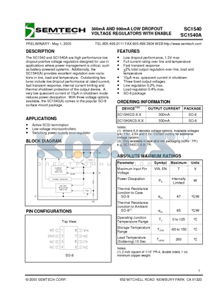 SC1540 datasheet - 300mA AND 500mA LOW DROPOUT VOLTAGE REGULATORS WITH ENABLE