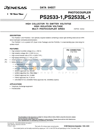 PS2533L-1-V datasheet - HIGH COLLECTOR TO EMITTER VOLTATGE HIGH ISOLATION VOLTAGE MULTI PHOTOCOUPLER SIRIES