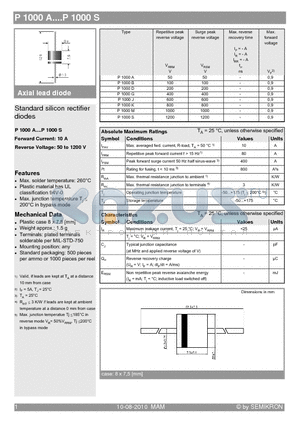 P1000A datasheet - Standard silicon rectifier diodes