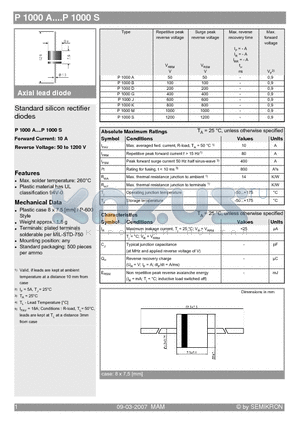 P1000D datasheet - Standard silicon rectifier diodes